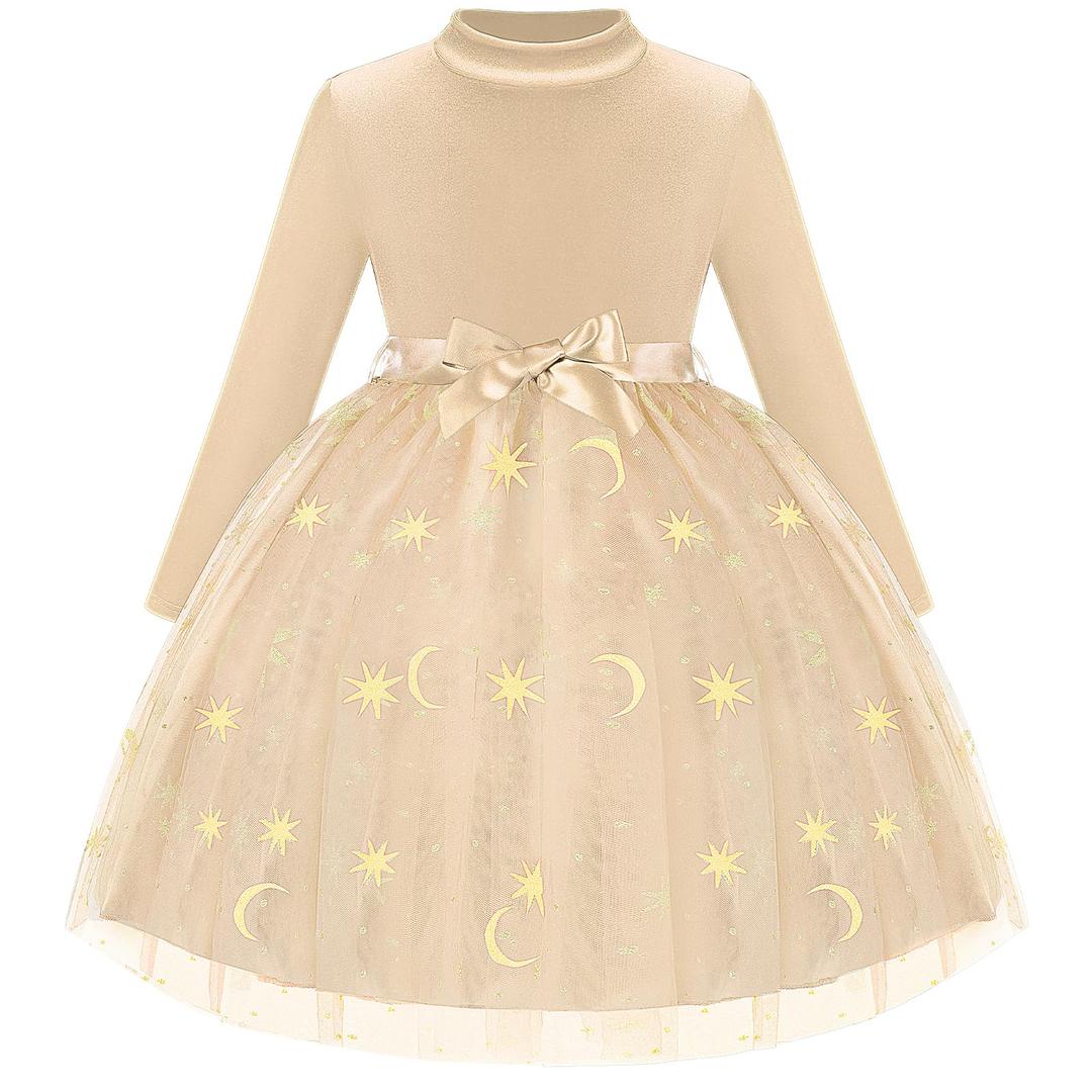 Luckrizyy Girls Dress Velvet Long Sleeve Tutu Dress Kids Sparkly Sequin Tulle Holiday Party Casual Princess Dresses 3-8Y Apricot (Beige)