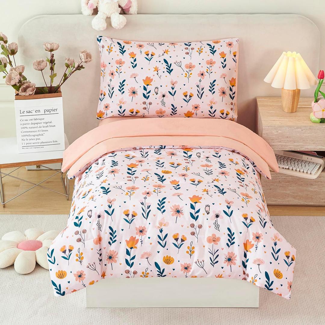 URBONUR Cute Floral Toddler Bedding Set for Girls, 4 Piece Bed-in-a-Bag Toddler Microfiber Comforter Sheet Set, Botanical Flowers Printed, All Season Easy Care