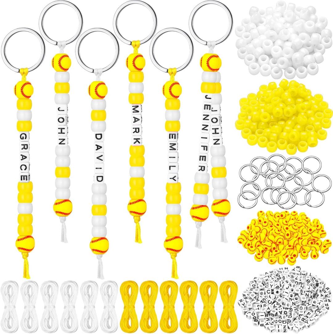 Landical 564 Pcs DIY Bead Keychain Kit Key Chain Making Craft Adjustable Letter Beads String Mama Sport Gift Alphabet Jewelry Backpack Accessories Holiday Party Favor(Softball,Yellow White)
