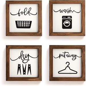 SHOHAYTO Laundry Room Decor for Wall Farmhouse Signs Set of 4 Wash Dry Fold Put Away Rustic Decor for Shelf Laundry Wall Art with Wood Frame Decorative Room Sign 8'' x 8'' (White & Brown)