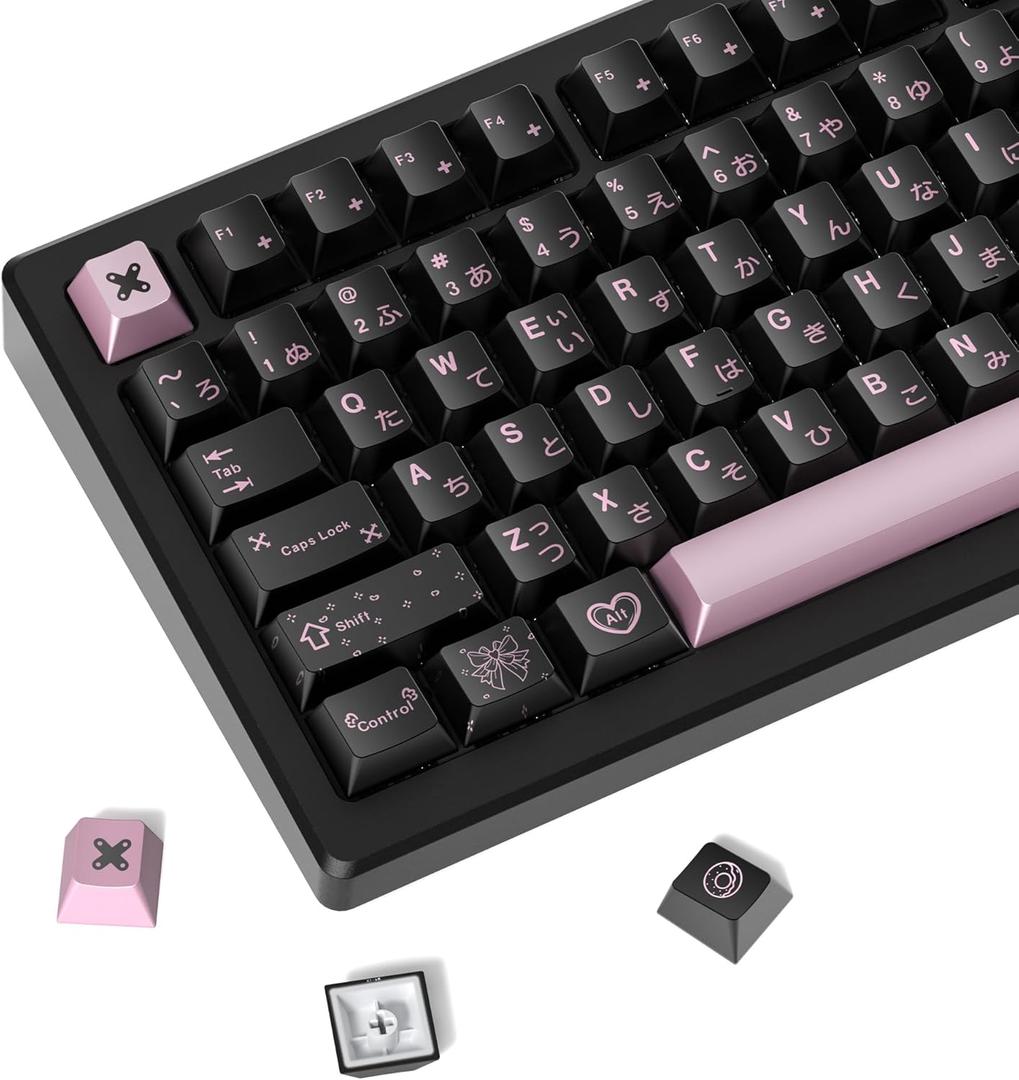 dagaladoo PBT Keycaps with Metal Paint,112-Key Black/Pink Custom Keycap Set dye Sublimation,Cherry Profile Key caps for 61/64/66/68/75/84/87 MX Switches Mechanical Keyboards