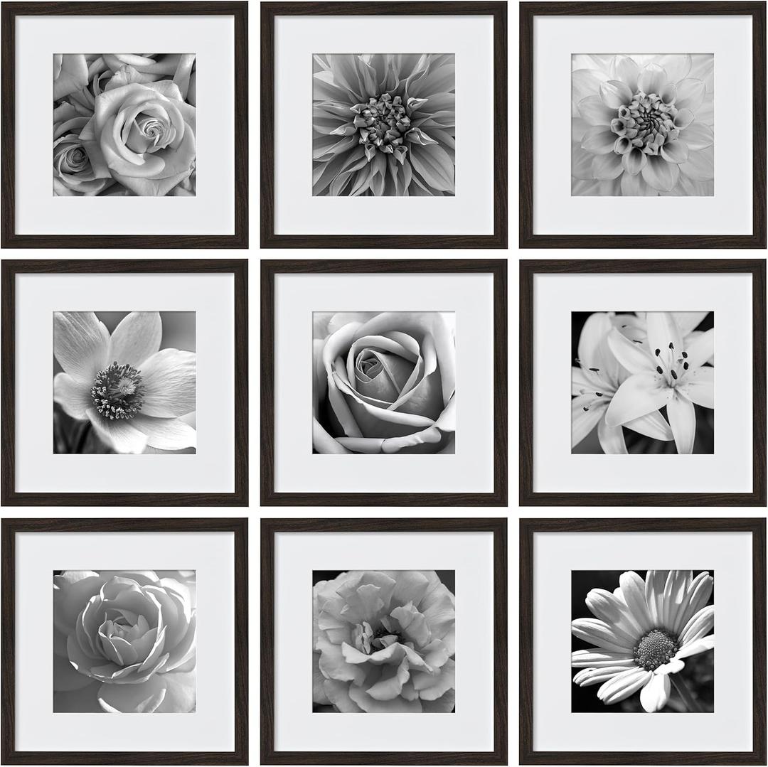 eletecpro 12x12 Picture Frames Set of 9, Farmhouse Gallery Wall Frame Set Displays 8x8 Photos with Mat or 12x12 without Mat, Photo Frames Collage Wall Decor, Beige Walnut Wood Home Decor for Hanging