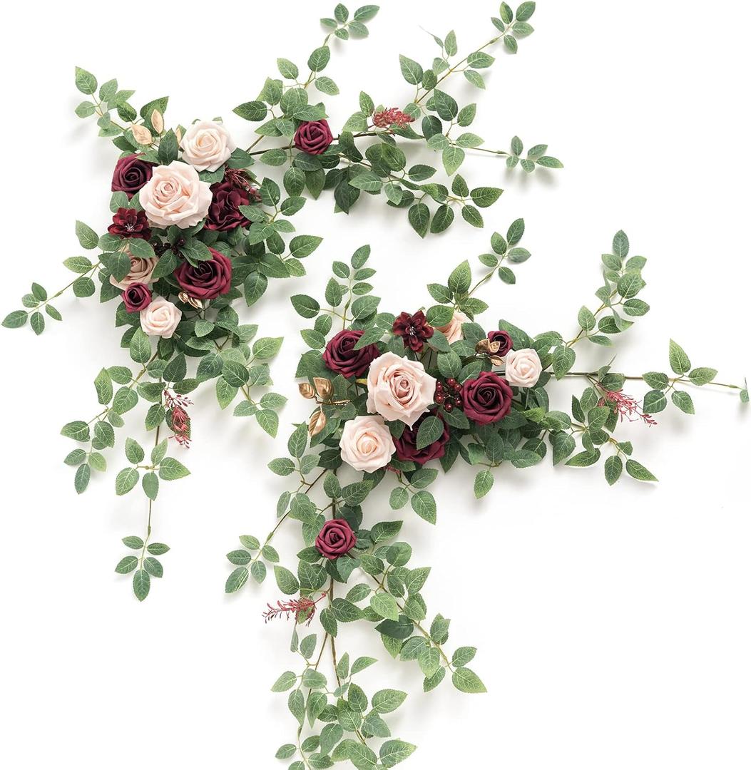 Ling's moment 2PCS Artificial Floral Swags Centerpieces Burgundy Wedding Flower Greenery Arrangements for Sweetheart/Head Table Decor Wedding Car Wall Window Arch Home Garden Decor Blush Marsala