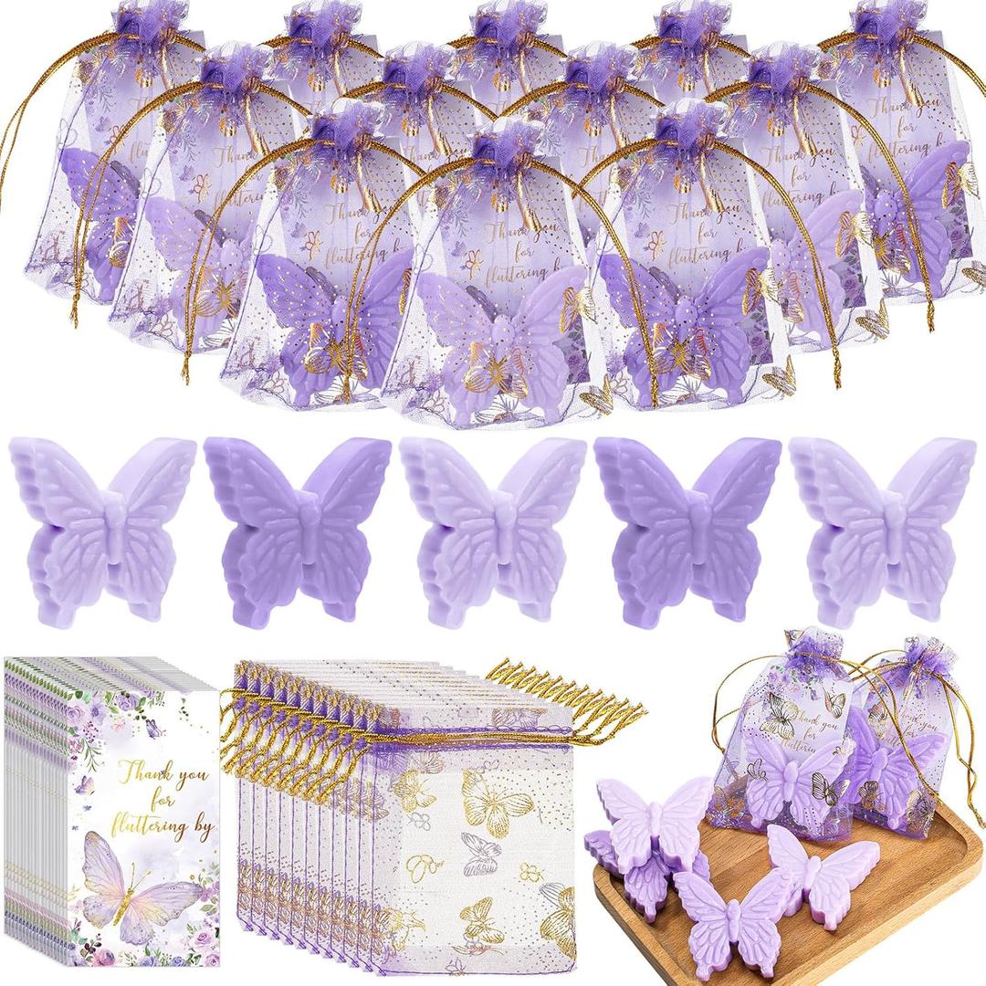 Dunzy 50 Set Butterfly Theme Baby Shower Favors for Guests Butterfly Soap Favors with Thanks You Cards Gender Reveal Baptism Party Decorations Wedding Souvenirs (Purple,Light Purple)