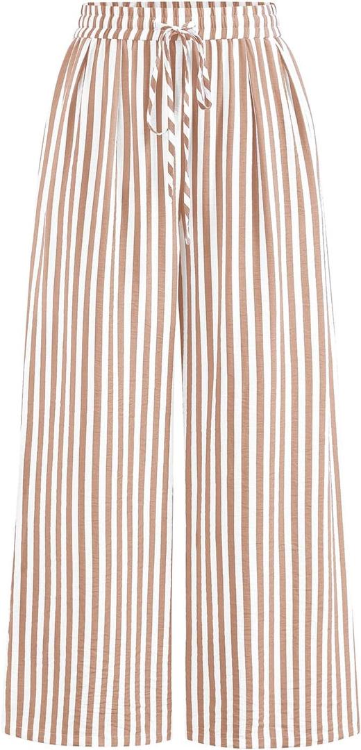 PRETTYGARDEN Women's Pants Elastic Waist Floral Lightweight Palazzo Pants for Women Casual Lounge Wide Leg Pants Woman (Small, Stripe Khaki)