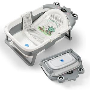 Baby Bathtub,Collapsible Baby Bath Tub with Soft Cushion & Thermometer, Space Saving Foldable & Travel Newborn Bathtub for Infant to Toddler 036 Months, Frog Gray