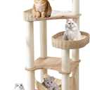 Wooden Cat Tree for Indoor Cats, 62-Inch Tall Cat Tower with Scratching Post for Large Cats, Solid Wood Cat Condo with Handwoven Basket, Modern Cat Tree Tower with Hammock, Easy to Clean