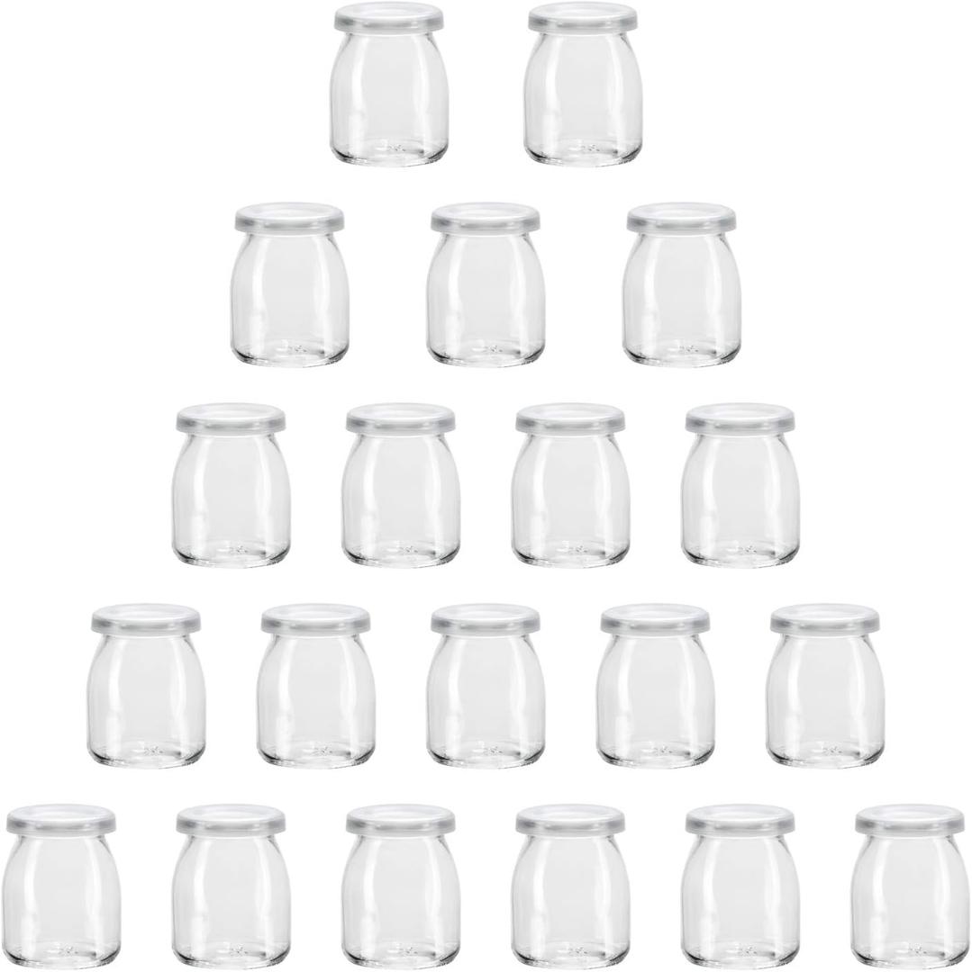 Encheng 7 oz Clear Glass Jars With Lids,Yogurt Container With Lids(PE),Replacement Pudding Jars Yogurt Jar,Glass Container With Twine n Tag For Milk,Jams,Jelly,Mousse,Dishwaresafe 20 Pack
