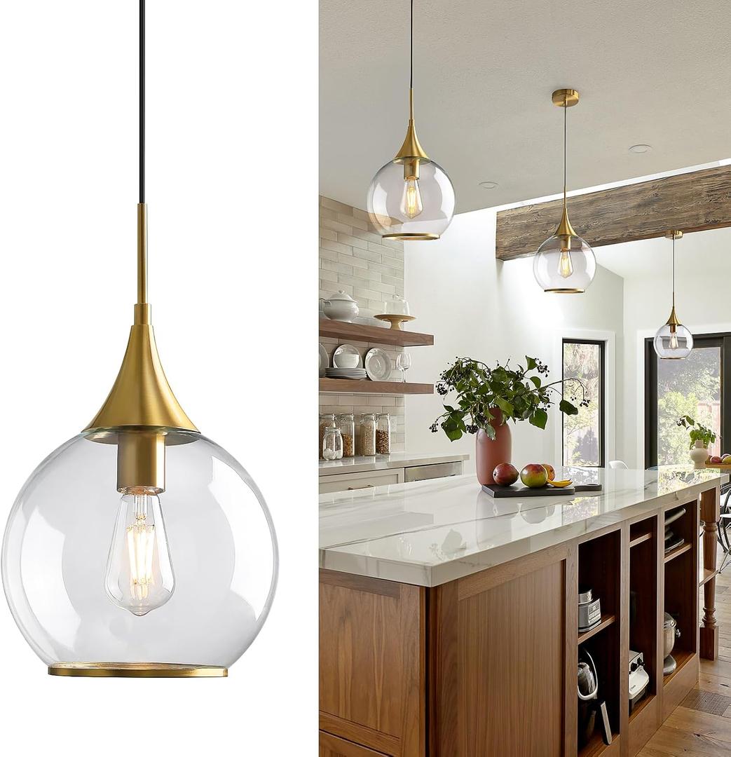 Pendant Lights Kitchen Island: Brushed Gold Light Fixture Farmhouse with Clear Glass - 10 Inch Mid Century Globe Kitchen Lighting Fixtures Ceiling for Dining Room, 1 Pack-10inch