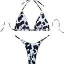 WDIRARA Women's 2 Pieces Cow Print Bikini Set Halter Swimsuit High Cut Bathing Suit, Mediu