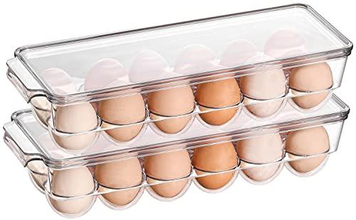 Sooyee 2 Pack Egg Holder for Refrigerator, Plastic Egg Storage Container, Fridge Egg Organizer, Clear Refrigerator Organizer Bins with Lids, Stackable Tray Holds 12 Eggs