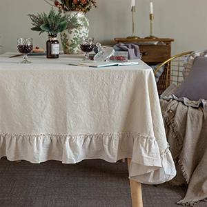 GLORY SEASON Retro Farmhouse Ruffle Tablecloth Cotton Flounces Trim Washable Table Cover Tablecloths for Rectangle Table Baby Shower Kitchen Party Wedding Decor,White, 60''x102''