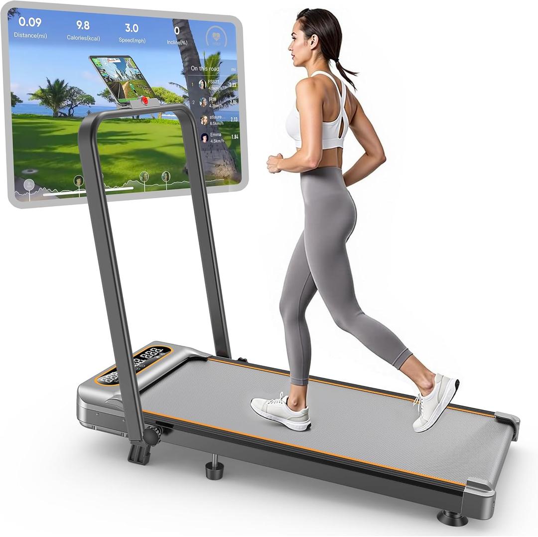 Foldable Treadmill with 10% Incline, Upgrade 3.5HP Low Noise Walking Pad Treadmill with Handle Bar, Trisomy 4 in 1 Portable Under Desk Treadmills for Home/Office, 350Lbs Capacity, APP & Remote Control (silver)