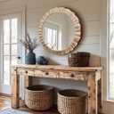 35" Wood Round Mirror, Rustic Wall Mirror with Thick Frame, Large Round Mirrors for Wall Decor, Wooden Circle Beveled Mirrors for Entryway, Farmhouse, Washed White