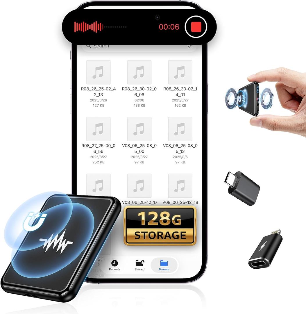 128G (9800 Hour) Voice Activated Recorder, Double-Sided Magnetic Voice Recorder with Playback, Audio Recorder with AI-Intelligent Noise Reduction, 70H Continuous for Lectures, Meetings (Black)