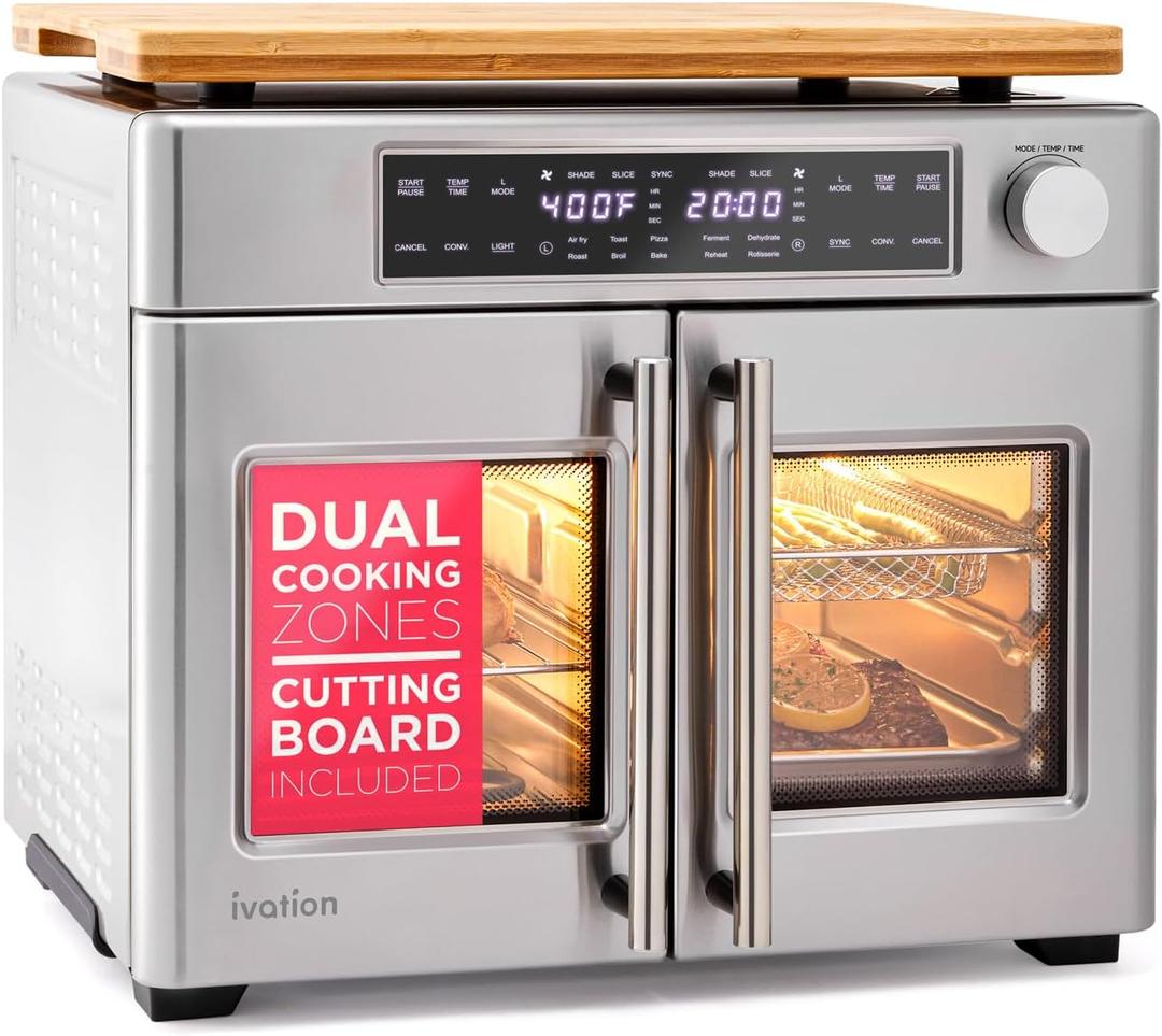 Ivation Dual Zone Air Fryer French Door Oven - 32 Quatity Convection Toaster Combo, 10-in-1 Multifunction Up to 450 - 1800W - Temperature Control, Timer - Stainless Steel - Dehydrate, Bake, Roast, 32 Quart