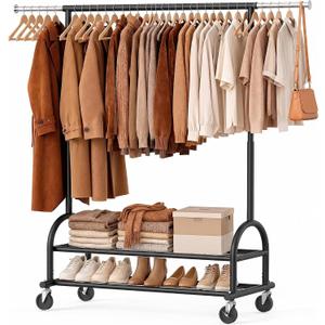 Heavy Duty Metal Clothes Rack Load 586 LBS, Height‑Adjustable Rolling Garment Rack for Hanging Clothes, Sturdy Wheel Clothing Rack with 2 Shelves, Portable Closet Wardrobe Organizer Rack,Black