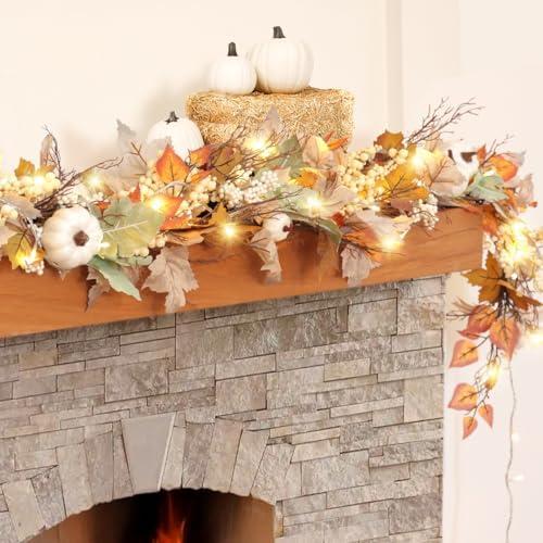 2PACK 2x6ft Fall Garland with Lights, Fall Leaves Garland with Lights, Autumn Leaf Lights for Mantle Door Table Outdoor Home, Autumn Decor, Fall Decor with Pumpkins, Thanksgiving Decorations