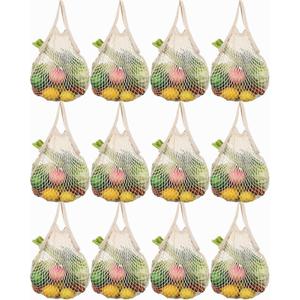 Eccliy 12 Pcs Reusable Mesh Grocery Bags Portable Cotton Produce Containers Washable Net Mesh Tote Bag Handle String Shopping(Beige)