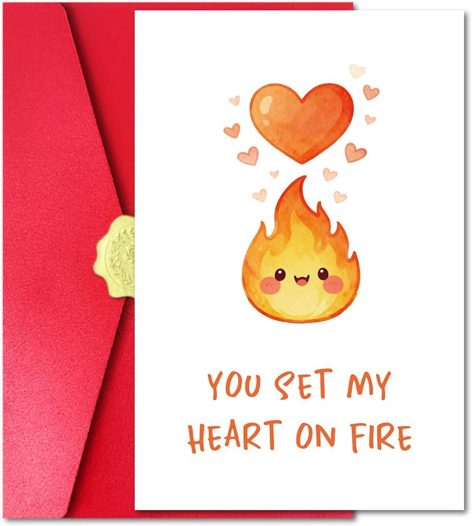 2 x Funny Valentines Day Card for Boyfriend Husband Him, Cute Valentines Day Card with Red Envelope and Sticker for Girlfriend Wife Her, You Set My Heart on Fire (EXP 08/11/26)