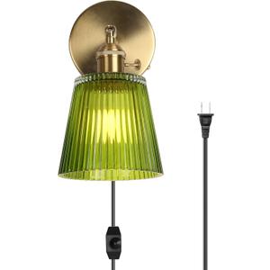 HuisMier Dimmable Plug in Wall Sconces, Vintage Green Stripe Glass Lampshade Wall Lighting Fixture with On/Off Switch, Brass Wall Sconce for Bedroom Bathroom Living Room Hallway, Plug in
