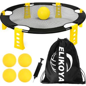 Elikoya Outdoor Beach Ball Game Includes 4 Balls, Net and Carrying Bag - Roundnet Yard Games Set for Adults, Kids, and Family - Perfect for Beach, Yard, Lawn, Backyard, and Park