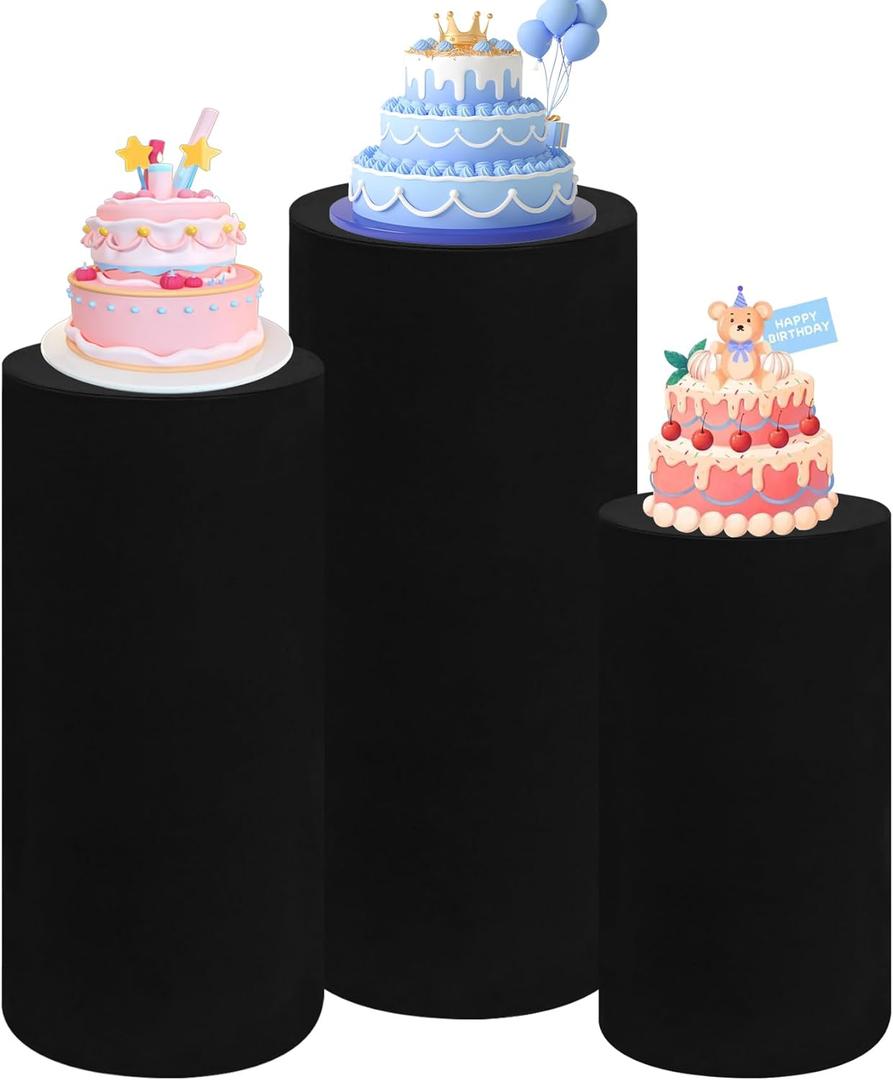 Set of 3 Spandex Cylinder Pedestal Stand Covers Stretchable Pillar Covers for Metal Cylinder Pedestal Stands Elastic Cylinder Plinth Display Covers for Baby Shower Birthday Decor