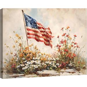 RIBNTAK Large American Flag Wildflower Canvas Art 24x36in, 4th of July Patriotic Paintings Prints Pictures, Vintage Farmhouse Wall Decor for Living Room, Bedroom & Home Decor, Made in USA