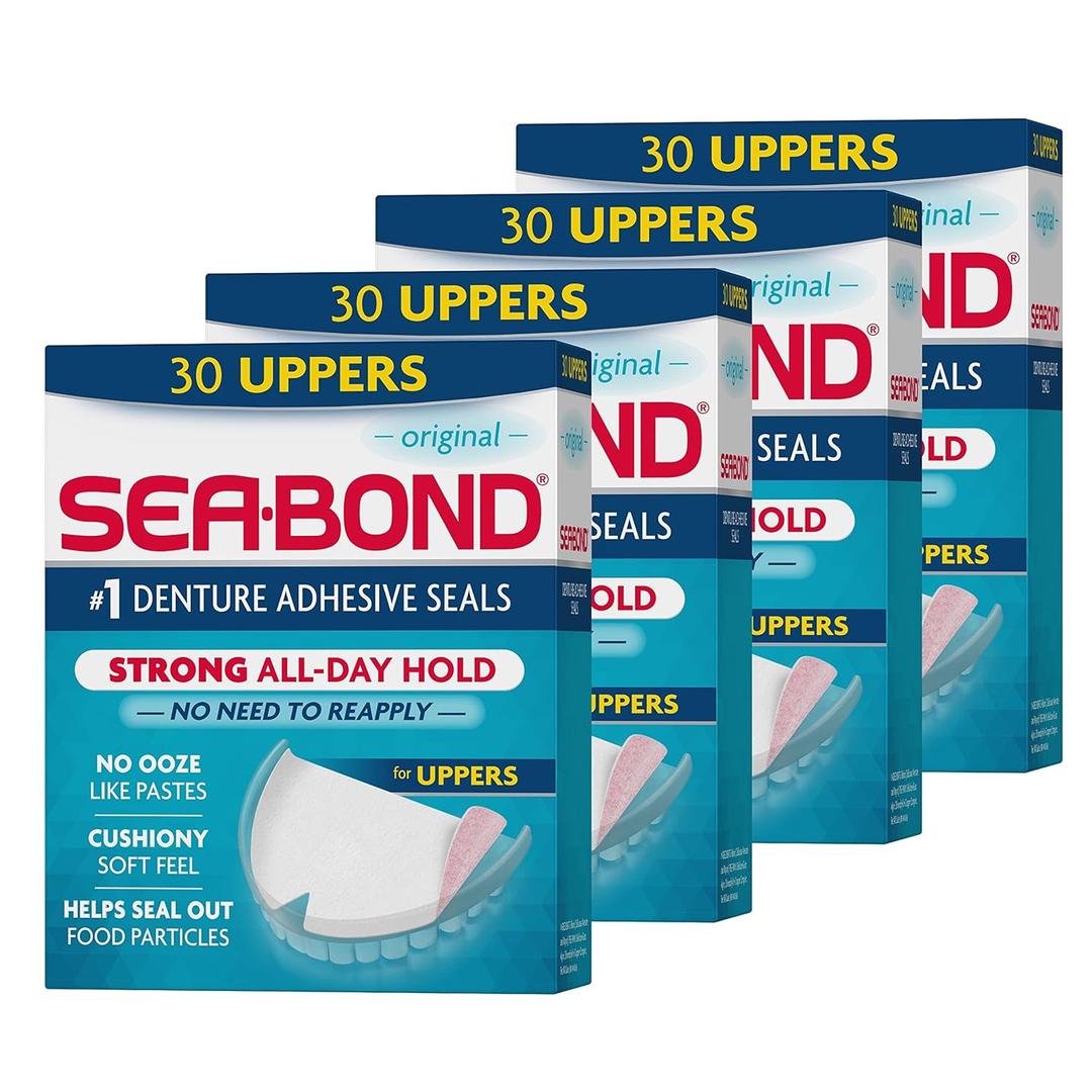 Sea Bond Secure Denture Adhesive Seals, Original Lowers, ZincFree, AllDayHold, MessFree, 30 Count (Pack of 4)
