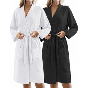 Ficerd 2 Pack Women's Waffle Knit Robes, Soft Lightweight Full-Length Kimono Bathrobes Unisex Loungewear with Side Pockets (White, Black)