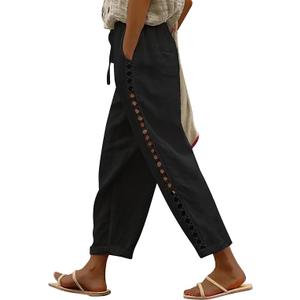Puimentiua Women's Linen Capri Pants with Drawstring Petite Summer Beachwear Lightweight Elastic Waist Pants (Black,Medium)