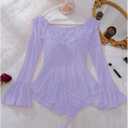 OYOANGLE Women's 2 Piece Off Shoulder Long Sleeve Ruffle Mesh Sheer Nightgowns with Thongs Babydoll Lingerie Set (Purple, S)