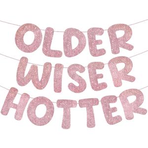 Fulmoon Set of 3 Pre Strung Older Wiser Hotter Glitter Banner Funny Birthday Banner for Women 30th 40th 50th 60th 70th 80th Birthday Party Decorations Sign Gift(Rose Gold)