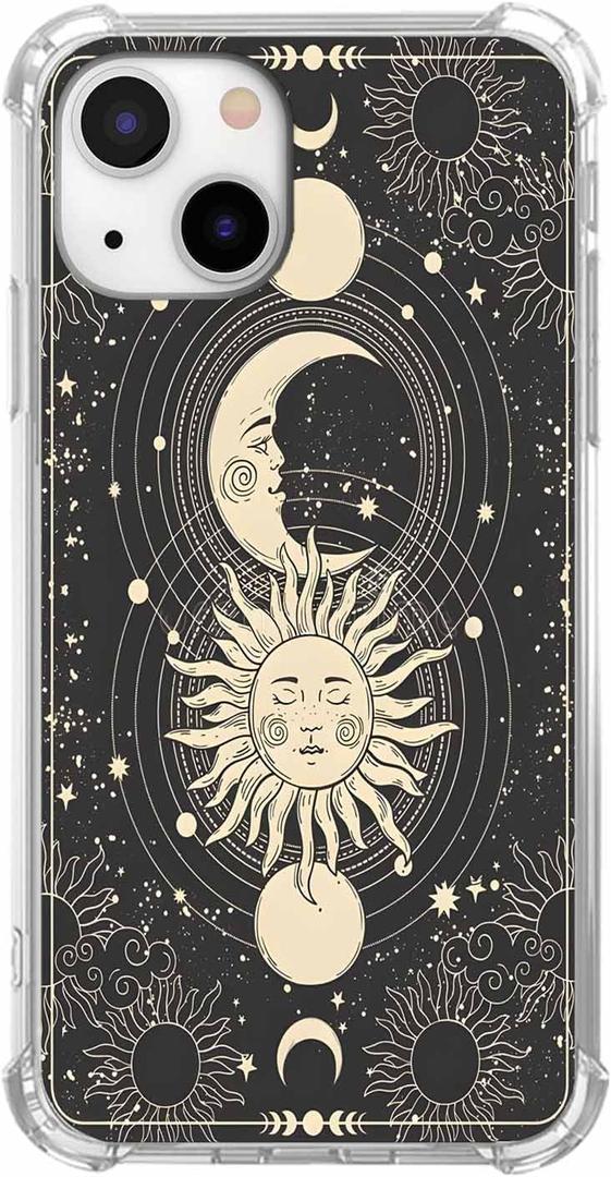 Black Celestial Sun Moon and Star Case for iPhone 15,Magic Boho Illustration Pattern,Trendy Soft TPU Bumper Case for iPhone 15