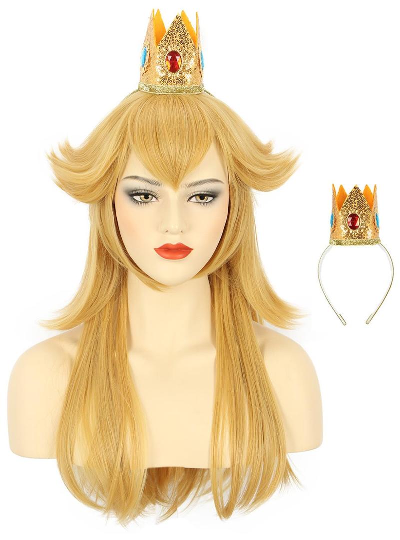 karlery Adult Long Golden Princess Costume Wig with Crown Halloween Cosplay Party Wig