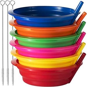 Cereal Bowls with Straws for Kids - (Set of 6 - 20-Ounce Bowls) BPA-Free Plastic Reusable Built-In Straw Bowl for Kids, Children & Toddlers, Dishwasher and Microwave Safe, Includes 3 Cleaning Brushes