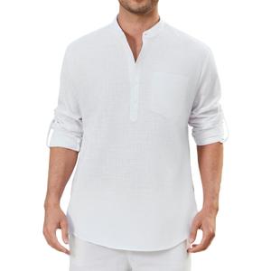 Enlision 103H Men's Long Sleeve Linen Henley Shirt Quick-Drying Stylish Casual Shirt for Daily Wear Summer Vacation (White, S)