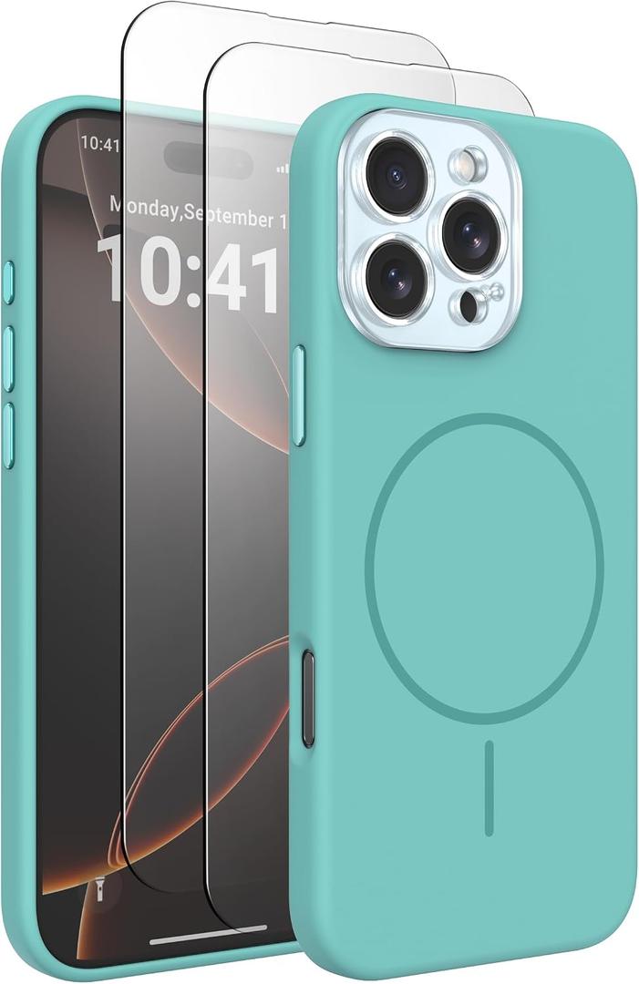 Magnetic Silicone Case for iPhone 16 Pro Max Case with 2 Screen Protector, Upgraded Hard Acrylic Camera Protector Soft Slim Stylish Cute Phone Cover Compatible with MagSafe, Cyan
