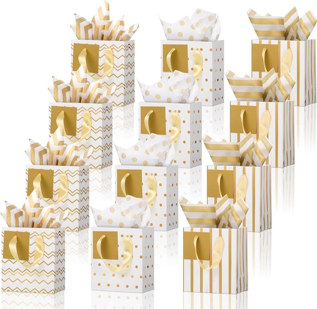 Tenare 12 Pcs Small Gift Bags Mini Metallic Paper Bag Bulk Tiny with Handle Tissue Paper for Gift Wrapping Happy Valentines Day Chinese New Year Birthday Party(4 x 2.75 x 4.5 Inch,White Gold)