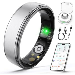 Smart Ring for Women Men, Health Fitness Tracker Ring with Heart Rate/Sleep Tracker/Blood Oxygen/HRV/Stress/Calorie/Steps, IP68 Waterproof for iOS & Android, No APP Fees(Silver,9#)