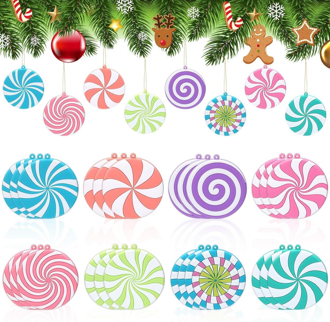 Panelee 24 Pcs Christmas Candy Ornaments Pastel Candy Cane Peppermint Ornament for Christmas Tree PVC Xmas Lollipop Peppermint Hanging Decoration for Holiday Xmas Tree Party Decoration