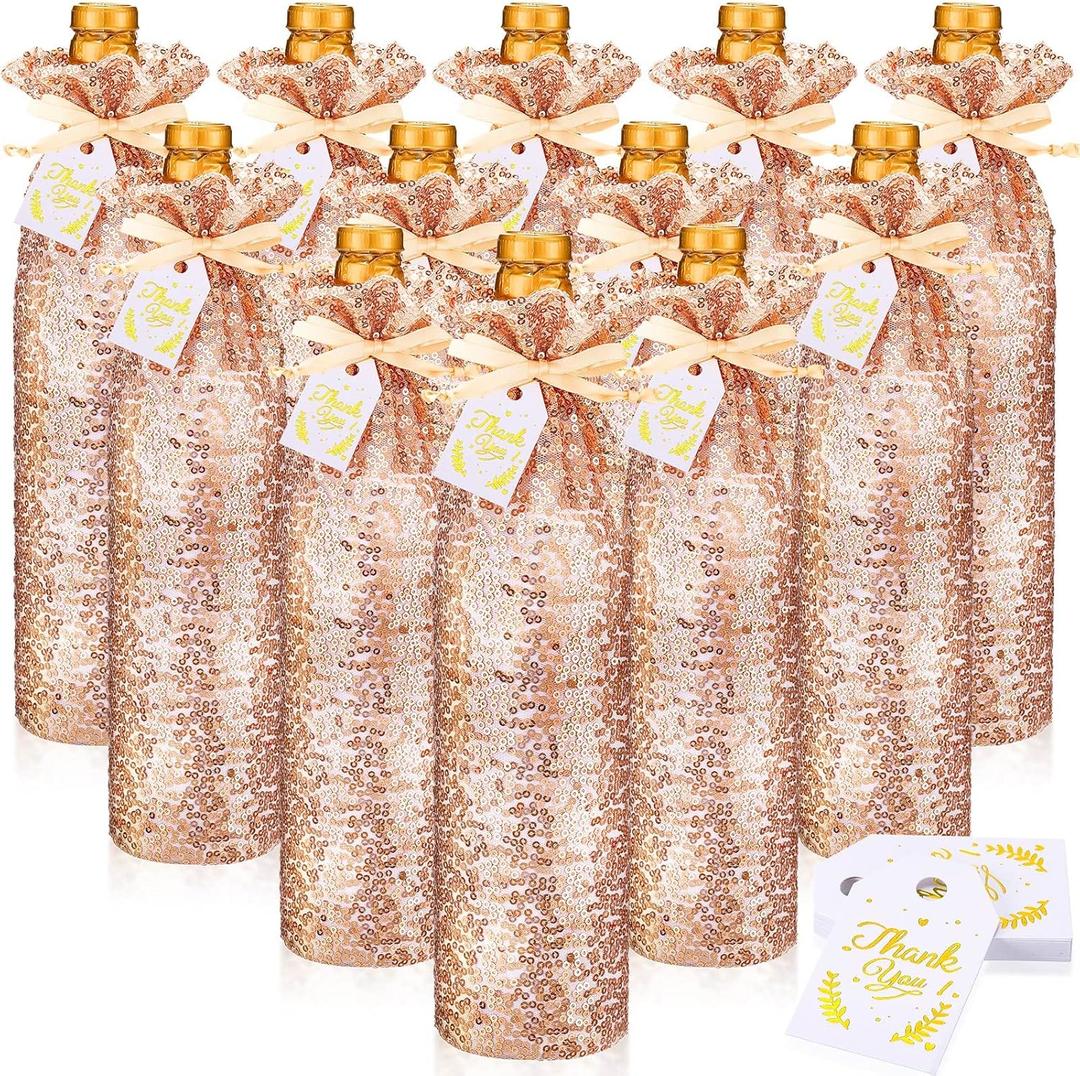 Shappy 12 Pcs Satin Wine Bags Wine Gift Bags with Drawstrings & Tags, Wine Bottle Bags Reusable Wine Bottle Covers for Christmas, Wedding, Birthday, Travel, Holiday Party, Housewarming (Rose Gold)