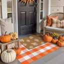 OJIA 2PCS Fall Door Mat Combo Set Halloween Doormat, 3'x5' Orange & White Buffalo Plaid Outdoor Rug and Polyester Welcome Mat Porch Decor Layered Doormat, Autumn Outdoor Door Mats Outside Entrance
