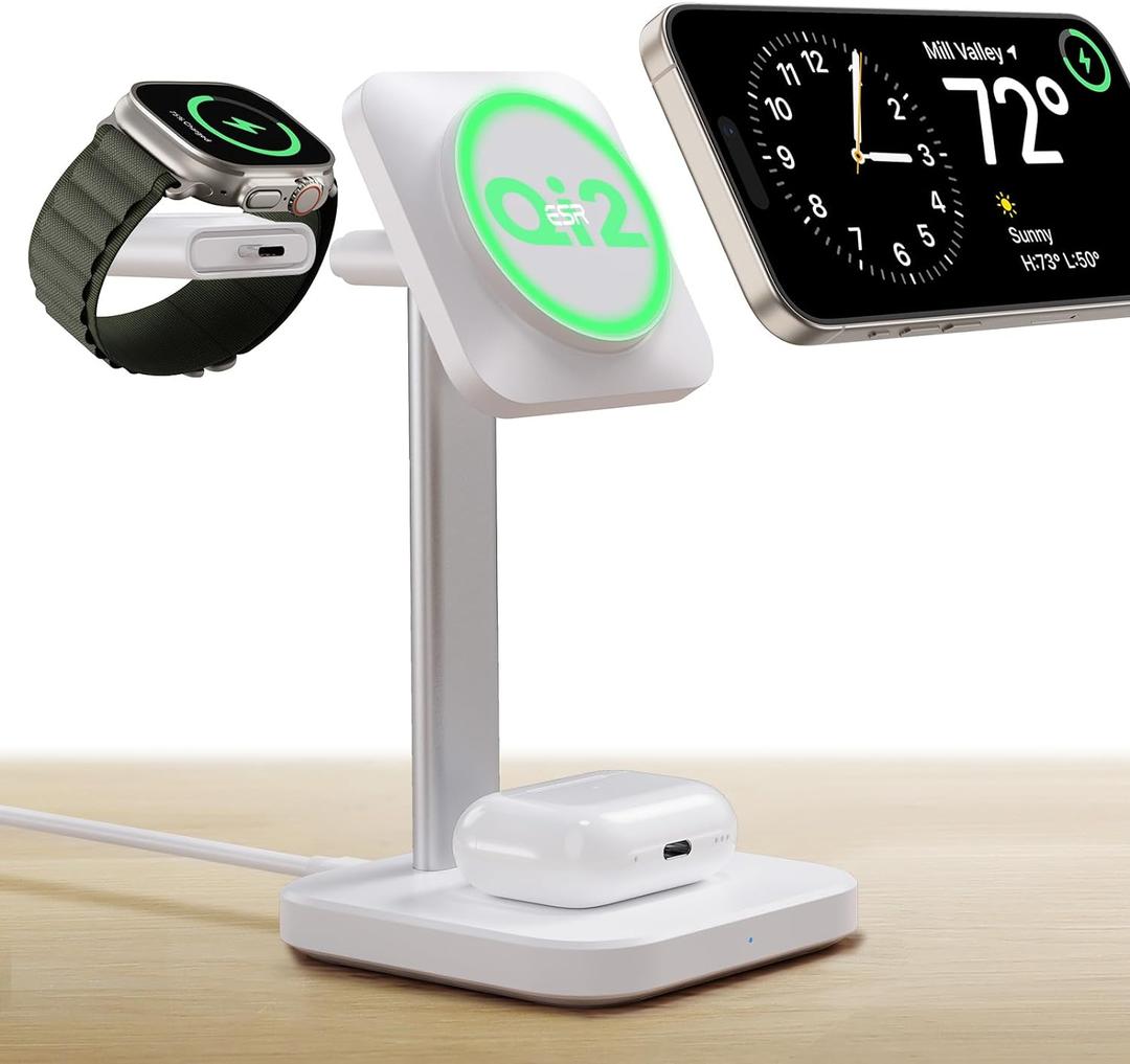 ESR Qi2 3 in 1 Wireless Charging Station, [Certified] Apple Watch Charger & 15W Qi2 MagSafe Charger Stand for iPhone, Wireless Charger for Multiple Devices iPhone 17/16/15/14/13&Watch&AirPods,White