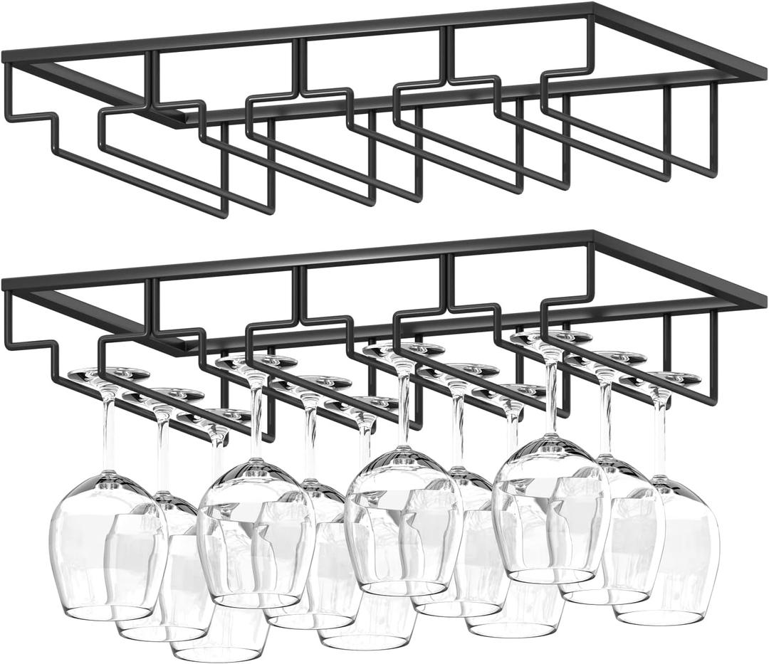Wine Glass Rack, 2 Pack Under Cabinet Stemware Rack Wine Glass Holder, 4 Rows Black Metal Wine Glass Storage Hanger Under Shelf for Cabinet Kitchen Bar