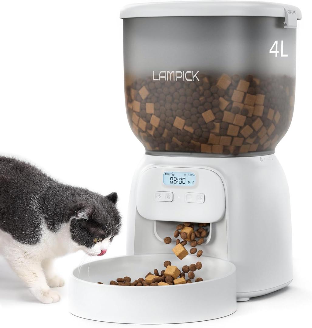 Automatic Cat Feeder, 4L Detachable Cat Food Dispenser for Dry Food Up to 15 Portions(8g/Portion) 6 Meals Per Day, Dual Power Supply Timed Cat Feeders Automatic Cat Feeder, 4L Detachable Cat Food Dispenser for Dry Food Up to 15 Portions(8g/Portion) 6 Meals Per Day, Dual Power Supply Timed Cat Feeders