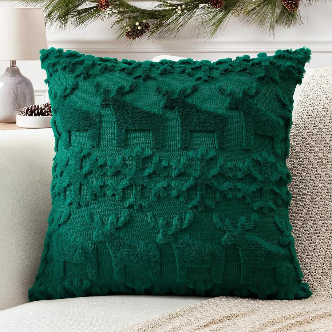 OTOSTAR Set of 1 Xmas Soft Plush Short Wool Velvet Decorative Throw Pillow Covers Square Luxury Style Cushion Case Pillow Shell for Sofa Bedroom Snowflake and Elk Green, 24x24 Inch