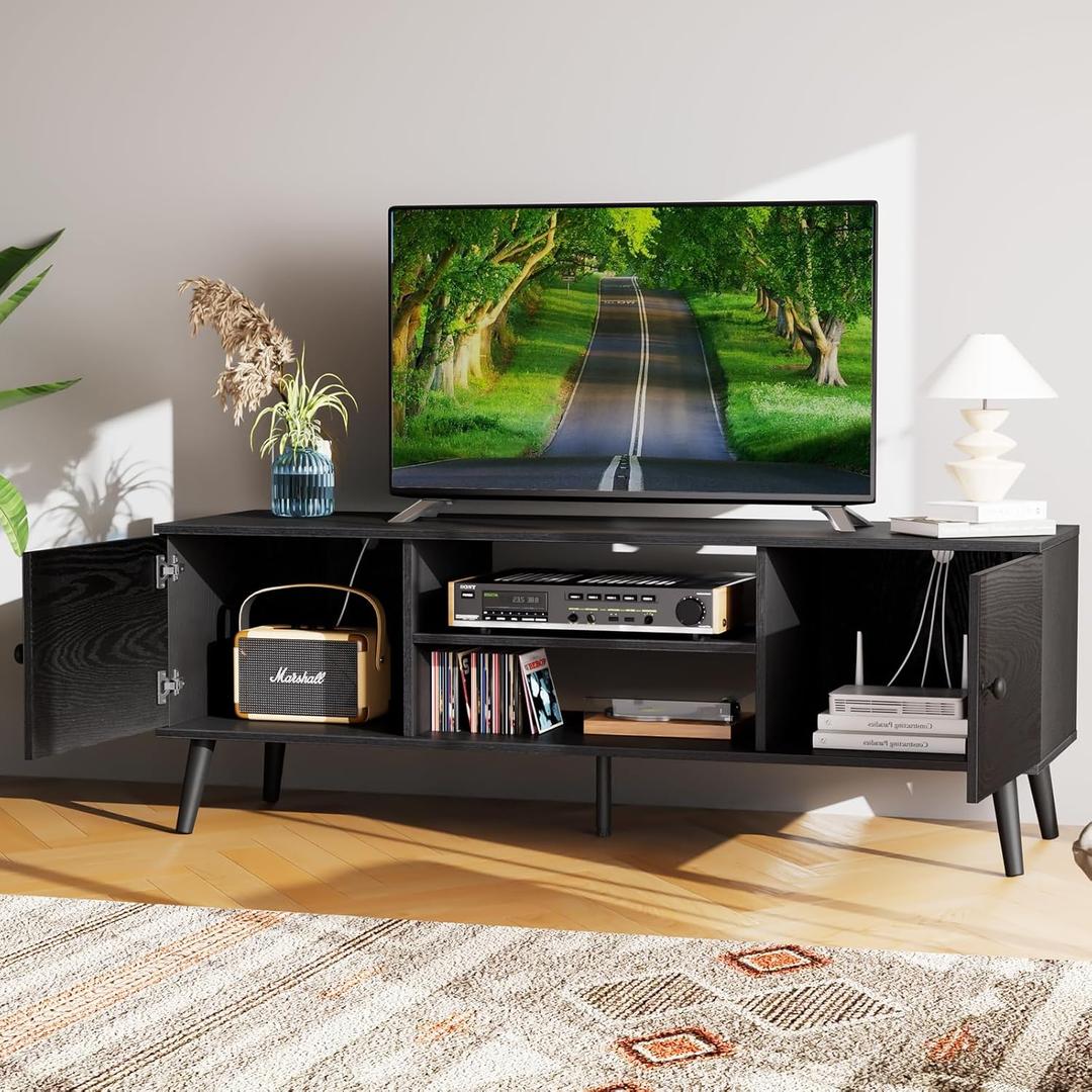 Sweetcrispy TV Stand for 55 60 inch TV, Modern Mid Century Entertainment Center with Storage, Media Console Table 2 Cabinet, Soft Hinge, Handle Door, Wooden Living Room, Office Furniture, Black (53.54 x 15.75 x 18.9 inches)
