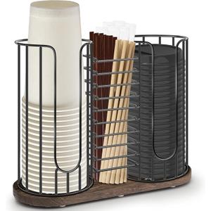 3-Compartment 18oz Coffee Cup Dispenser Rack with Wood Base, Disposable Cup, and Lid Organizer for Countertop - Perfect for Paper Cups, Straws, and Kitchen Cabinet Storage