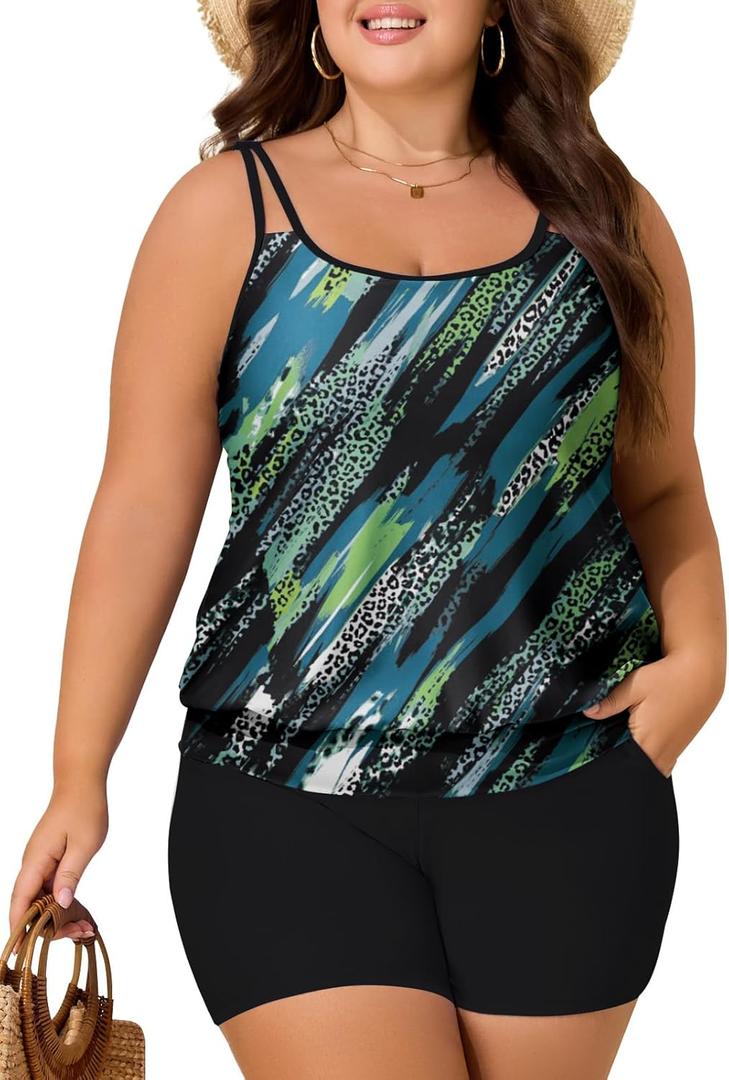 Summer Mae Blouson Plus Size Women's Tankini Swimsuits Tummy Control Modest 2025 Two Piece with Sporty Pockets Bathing Suits (Green Leopard, 24 Plus)